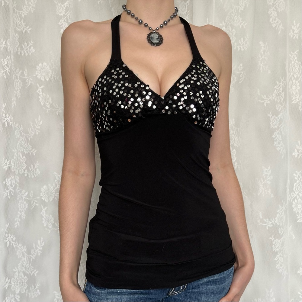 Y2K 2000s Black Halter Top With Sequins